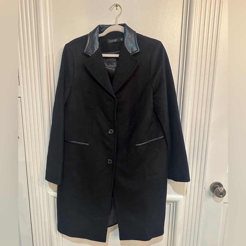 Lauren Ralph Lauren Double-Breasted Coat 14 | Faux-Leather Trim Wool Blend - Picture 10 of 14